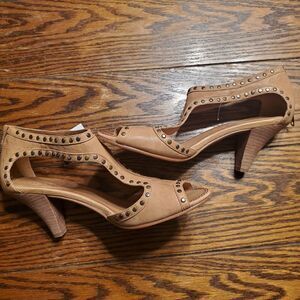 Trask Tan Heeled Sandals with Stud Accents